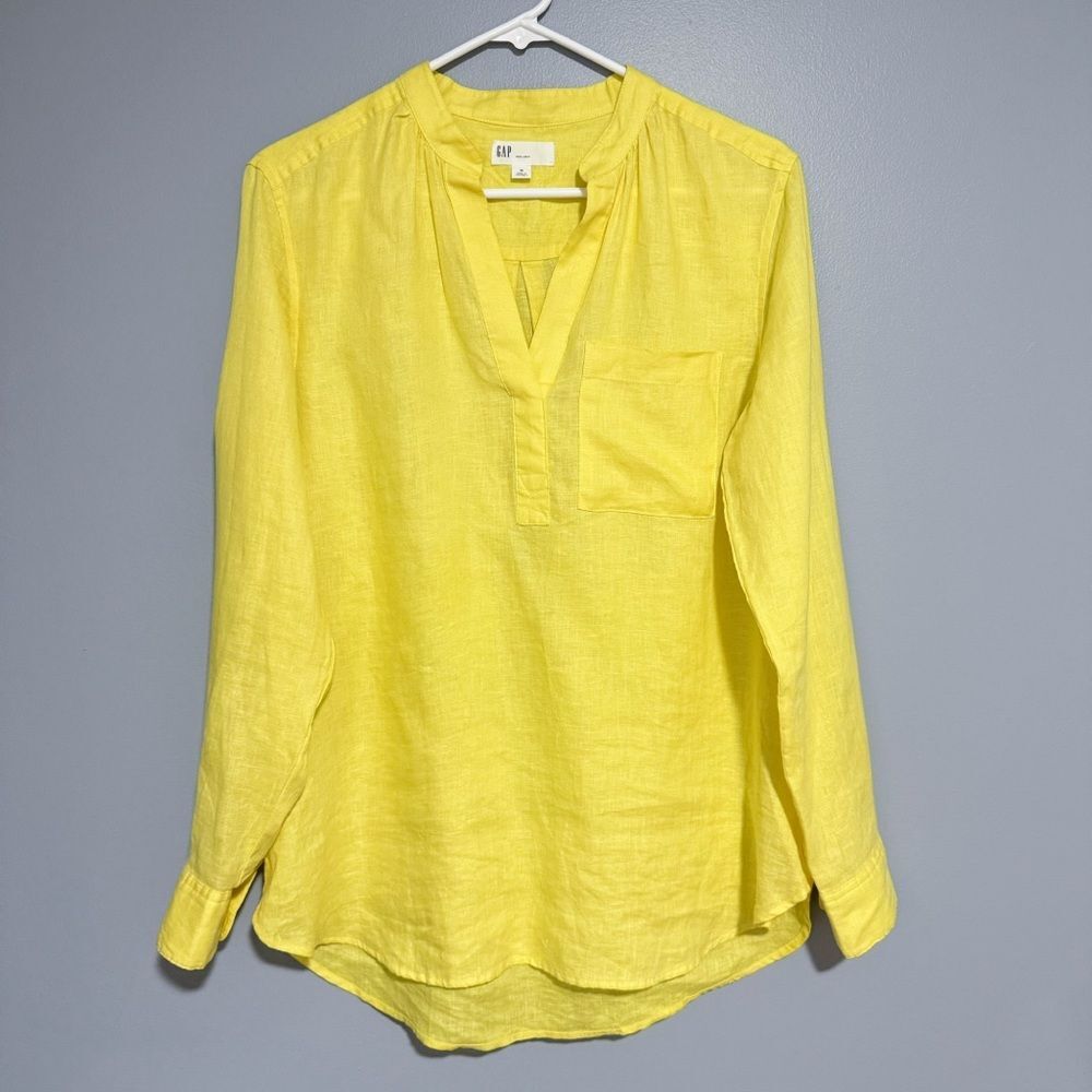 Gap 100% Linen Popover Pocket Shirt Size Medium Brilliant Yellow - Picture 2 of 8